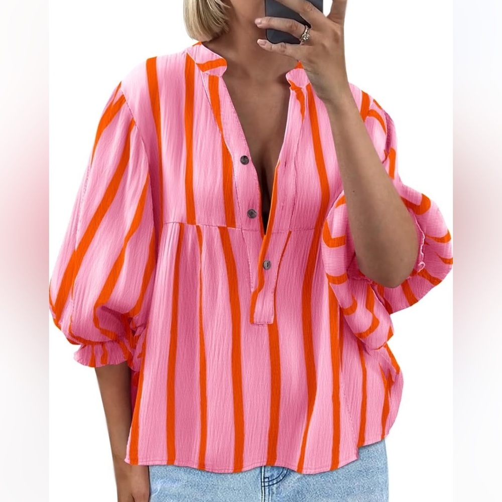 Boutique Pink Orange Striped Babydoll Blouse XL Balloon Sleeve